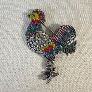Rooster Brooch Rainbow Colorful Silver Tone Rhinestones Vintage Pin Farm Cottage
